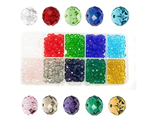 Glasperlen aus Kristallglas, 6 mm, facettierte Glasperlen, Rondelle-Perlen, 10 verschiedene Farben, mit Schmuckbox, Basteln, Halskette, Armband, Schmuck (500 Stück) von youler