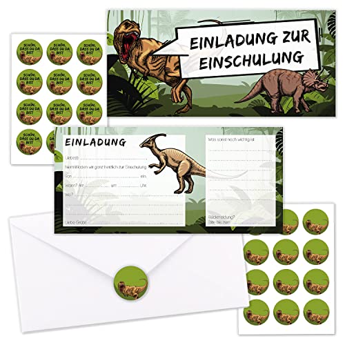 younikat 10er-Set Einladungskarten für Kinder zur Einschulung mit Dinosaurier-Motiv I DIN Lang - 9,8 x 21 cm I mit Umschlägen und passenden Aufklebern I PEFC Zertifiziert I dv_1115 von younikat