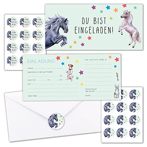 younikat 10er-Set Einladungskarten Kindergeburtstag I für verschiedene Anlässe mit Pferd-Motiv I DIN Lang - 9,8 x 21 cm I mit Umschlägen und passenden Aufklebern I PEFC Zertifiziert I dv_1112 von younikat