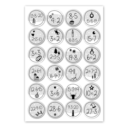 24 Adventskalender-Zahlen-Aufkleber mit Rechenaufgaben I rund Ø 4 cm I DIY Sticker Set I Weihnachtsaufkleber Geschenk-Aufkleber für Kinder I dv_387 von younikat