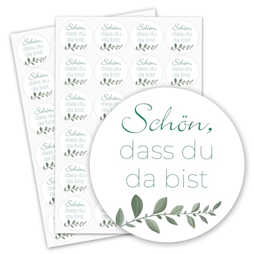 Aufkleber - Schön, dass du da bist - 48 Stück rund 4 cm I Eukalyptus Salbei I selbstklebende Sticker I Gastgeschenk Deko Verzierung I Feier Hochzeit Geburtstag I dv735 Aufkleber - Schön, dass du da bist - 48 Stück rund 4 cm I Eukalyptus Salbei I selbstklebende Sticker I Gastgeschenk Deko Verzierung I Feier Hochzeit Geburtstag I dv735 von younikat