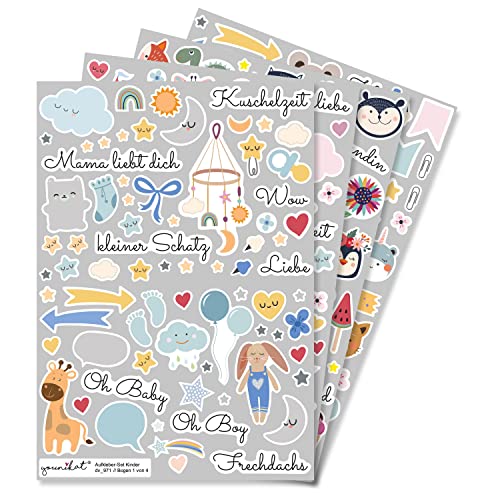 Aufkleber-Set für Kinder und Fotoalben I über 200 Sticker I DIY Scrapbooking-Aufkleber mit Sprüchen und Tieren I zum Gestalten I Scrapbook und Bullet Journal Zubehör I dv971 Aufkleber-Set für Kinder und Fotoalben I über 200 Sticker I DIY Scrapbooking-Aufkleber mit Sprüchen und Tieren I zum Gestalten I Scrapbook und Bullet Journal Zubehör I dv971 von younikat