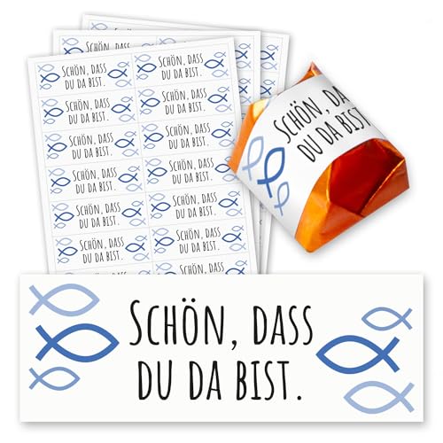 Schön, dass du da bist Aufkleber - 60 Stück - Gastgeschenk passend für Küsschen I Ichthys Fisch blau I dv1423 Schön, dass du da bist Aufkleber - 60 Stück - Gastgeschenk passend für Küsschen I Ichthys Fisch blau I dv1423 von younikat