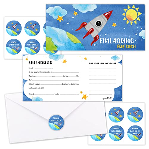 younikat 10 Weltraum Einladungskarten mit Umschlägen und Sticker im Set I Weltall Kinder-Geburtstag zum Ausfüllen I Rakete Kinder Jungs I dv424 von younikat