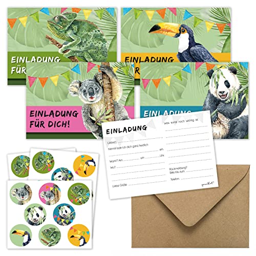 younikat 12 Einladungskarten Set zum Kindergeburtstag mit Umschlägen - Dschungel-Tiere Einladungen neutral für Jungen und Mädchen mit 24 passenden Aufklebern - dv1165 von younikat