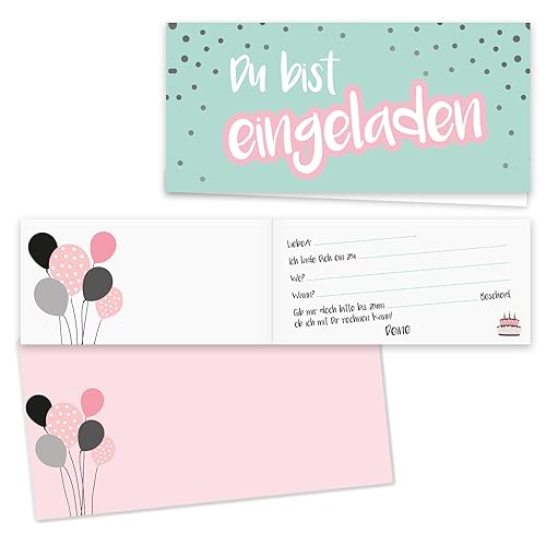 younikat 15 Einladungskarten mit Umschlägen I DIN lang I Einladung Set Kinder-Geburtstag zum Ausfüllen für Kinder Mädchen rosa grün I dv514 türkis von younikat