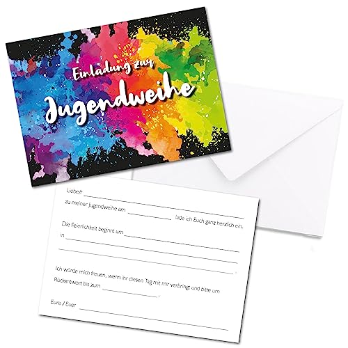 younikat 15 Einladungskarten zur Jugendweihe mit bunten Farbflecken - DIN A6 2 Seiter Querformat - Regenbogen Farbkleckse - Set mit 15 Umschlägen - dv_1185 von younikat