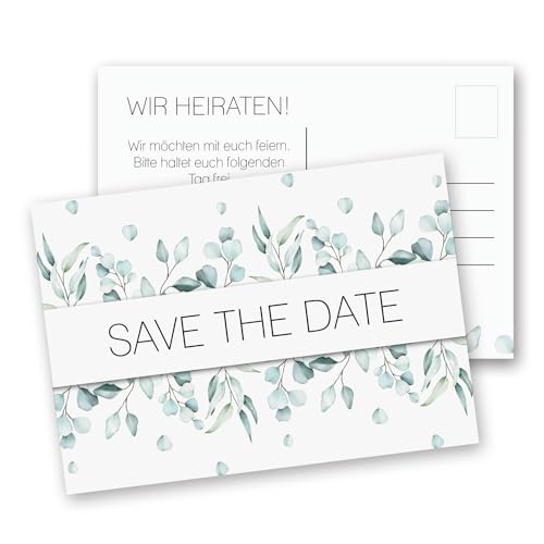 younikat 15 Postkarten Save the Date I DIN A6 I Eukalyptus I Set Hochzeit Wedding Einladungs-Karten I grün weiße Blätter I dv1277 von younikat