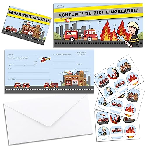younikat 8 Feuerwehr Einladungskarten mit Umschlägen, Aufklebern und Feuerwehr-Ausweis I Einladungskarten Kinder-Geburtstag Jungs I dv_1235 von younikat