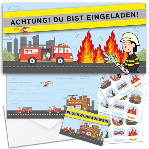 younikat 8 Feuerwehr Einladungskarten mit Umschlägen, Aufklebern und Feuerwehr-Ausweis I Einladungskarten Kinder-Geburtstag Jungs I dv_1235 von younikat