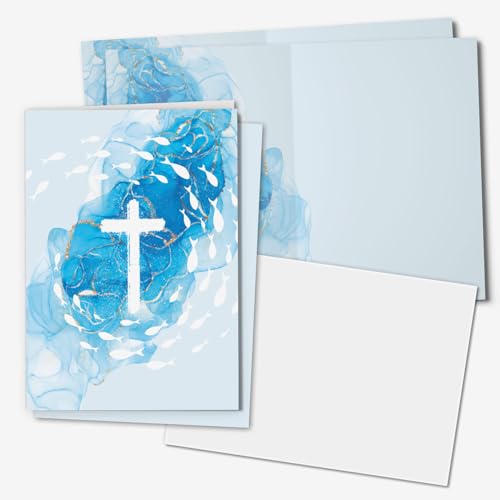 younikat Karten Kommunion Taufe Hochzeit Konfirmation I 15x mit Einlegeblatt zum bedrucken und Umschlägen I für Einladungen Danksagungskarten Blaue Fische Kreuz I dv1564 von younikat