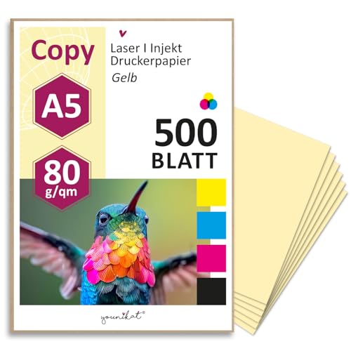 younikat DIN A5 Papier 80 g/m² I 500 Blatt in hell-gelb I Kopierpapier Blanko Rezeptpapier I dv1508 von younikat