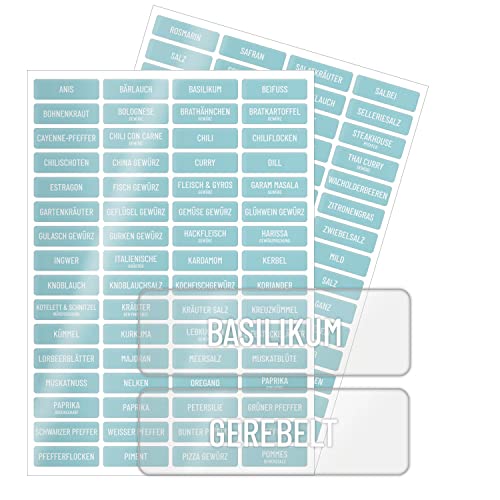 younikat Gewürze Aufkleber-Set I klare Folie I mit vorgedruckten Eigenschaften I 128 Sticker zum beschriften I selbstklebend I weiß I klare Gewürzetiketten I für die Küche I eckig I dv965 von younikat