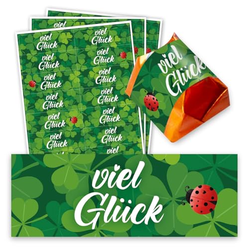younikat Viel Glück Aufkleber - 60 Stück - Gastgeschenk passend für Küsschen I Kleeblatt I Rechteckig I you0109 von younikat