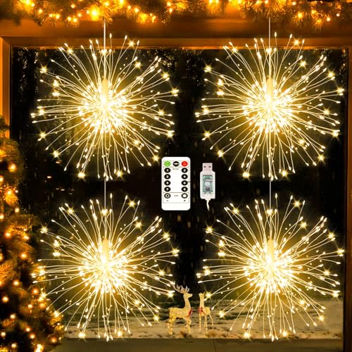 yowin Lichterkette Feuerwerk 4x120 LED Leuchtkugel Weihnachten USB-betrieben, 8 Modi Wasserdicht Lichterstern mit Fernbedienung für Innen Außen Garten Weihnachten Silvester Fenster Deko (Warmweiß) von yowin