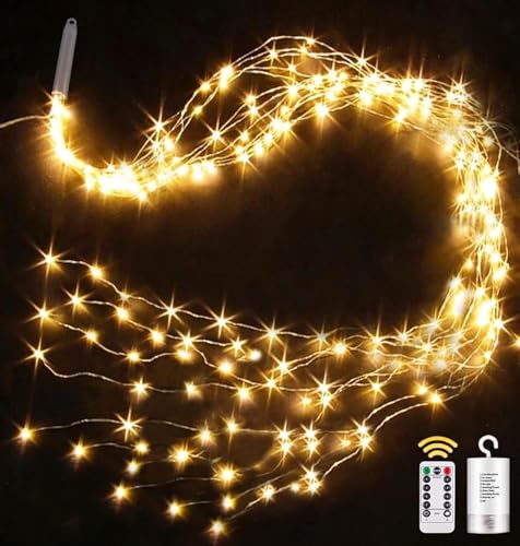 yowin Lichterkette Klein 1M 100 LED Lichterschweif mit Batterie, Timer, Fernbedienung, Lichterstrang 8 Modi Wasserfall Lichterkette Wasserdicht Lichterbündel für Gießkanne Baum Außen Innen Deko von yowin