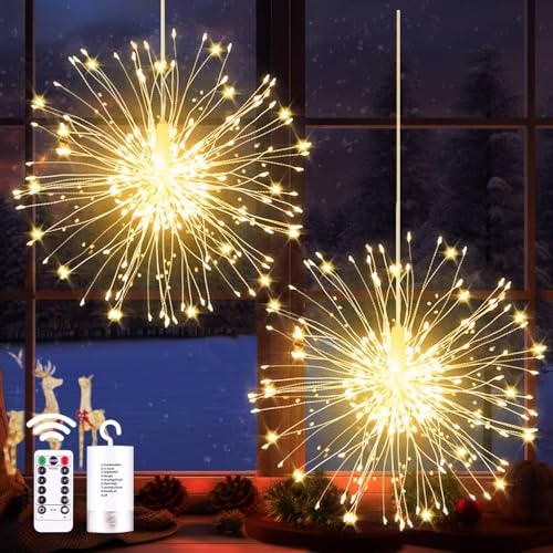 yowin Lichterkette Feuerwerk 2 Stück 180 LED Weihnachtsbeleuchtung Batteriebetrieben, 8 Modi Wasserdicht Weihnachtsdeko Fenster mit Fernbedienung, Timer für Außen Innen Garten Weihnachten Deko von yowin