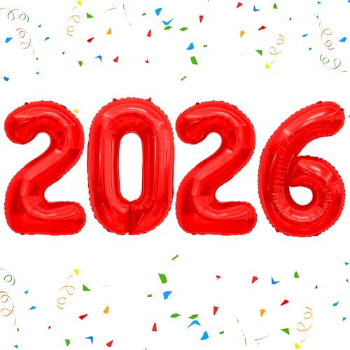 2026 Luftballons, Ballon Zahlen 2026 Zahlenballons 2026, 40 Zoll Folienzahlenballon für Silvester Festival Weihnachten Geburtstag Hochzeitstag Party Supplies Neujahrsdekorationen Rot von ysuwekslu