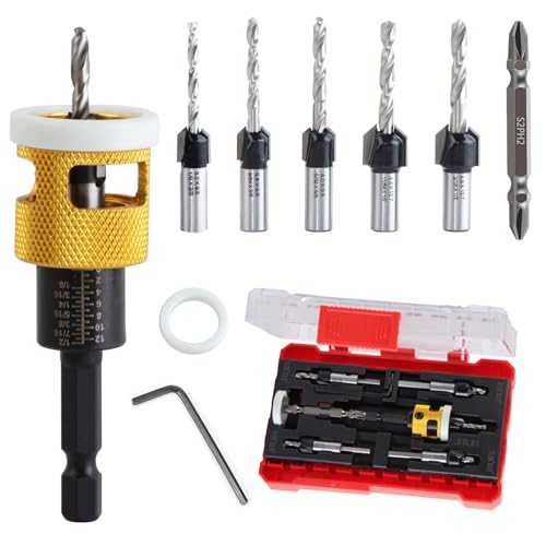 YUENTOEN Kegelsenker-Bohrer-Set für Holzbearbeitung, HSS M2-Bits, konischer Kopf mit verstellbarem Tiefenanschlag und L-förmigem Schraubenschlüssel, 6,35 mm Sechskantschaft, Holzsenker-Bit-Set mit von yuentoen