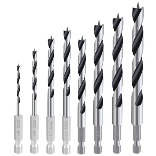 Yuentoen 8 Stück Holzbearbeitung Dowel Bohren Set, Holz-Spiralbohrer für Hartholz und Weichholz mit 1/4" Sechskant-Aufnahme, Brad Point Bohrer, Ø 3-10 mm von yuentoen