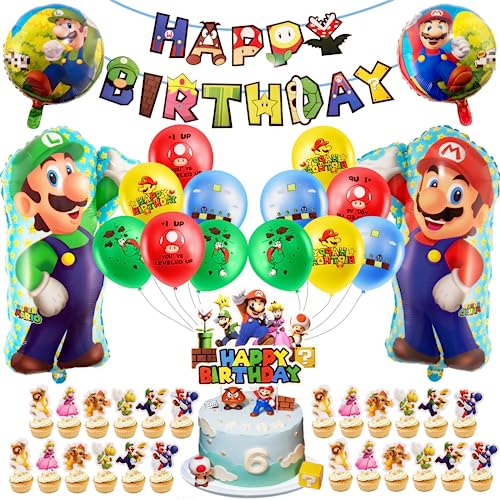 42 Stück Super Geburtstag Deko, Ma Luftballon und Tortendeko Mitgebsel-Premium Happy Birthday Banner, 25 Tortenaufsätze, 12 Latexballons, 4 Folienballons für Jungen, Mädchen, Kinder Themenparty von yumcute
