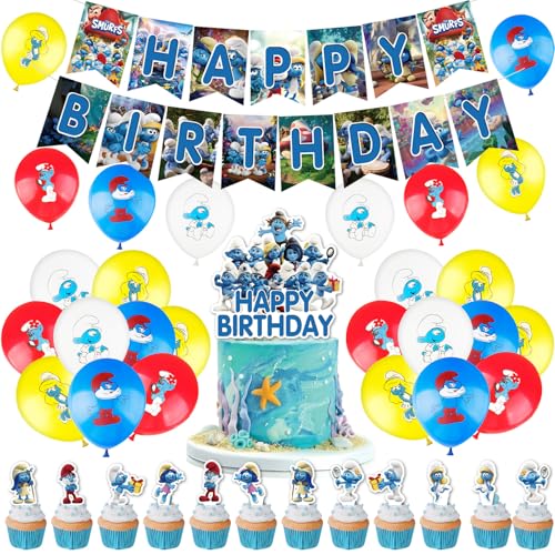 46 Stück Smurfs Geburtstagsparty Deko, Kindergeburtstag Geburtstag Set mit Happy Birthday Banner Tortendeko Theme Luftballons, Jungen Mädchen Smurfs Geburtstag Partyzubehör von yumcute