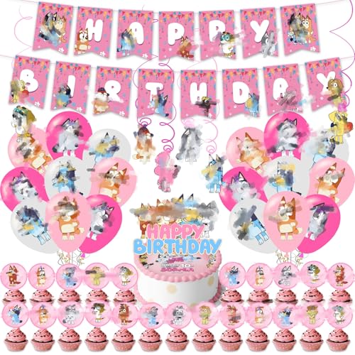 50 Stück Blue Party Deko Geburtstag, Rosa Dog Kindergeburtstag Deko DIY Zubehör für Geburtstag Dekoration–18 Luftballons, 25 Cake Toppers, 1 Happy Birthday Banner, 6 Hängende Wirbel für Kinder Party von yumcute