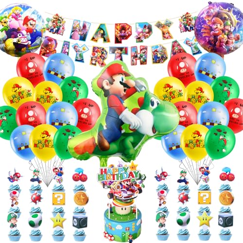 53pcs Geburtstag Deko, Ma Luftballon Kindergeburtstag Geburtstagsdeko, Kinder Party Deko, Luftballon und Tortendeko, Happy Birthday Banner für Jungen, Mädchen, Kinder Mitgebsel von yumcute
