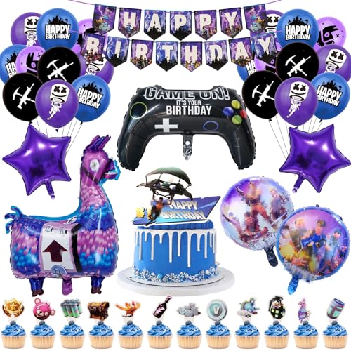 Geburtstag Dekoration, Fortnit Geburtstagsdeko 40 Stück Gaming Party Geburtstag Deko Partygeschirr Banner Folienballon Luftballon Kuchendeko Game Thema Geburtstagsparty Junge von yumcute