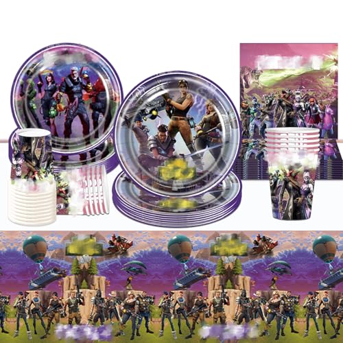 Game Partygeschirr, 51 Stück Fortnit Geburtstagsdeko Gaming Party Deko Teller Pappbecher Tischdecke Servietten für Jungen Mädchen Fortnit Geburtstag von yumcute