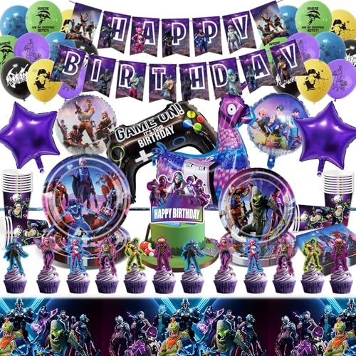 Game Partygeschirr, 91 Stück Geburtstagsdeko Gaming Party Deko Banner Luftballons Teller Pappbecher Tischdecke Servietten für Jungen Mädchen Fortnit Geburtstag Party Dekoration von yumcute