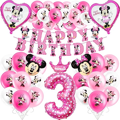 Minnie Geburtstagsdeko, 25 Stück Minnie Luftballons Geburtstag mit Happy Birthday Banner, Deko 3. Geburtstag Party Deko Mädchen Kindergeburtstag Deko von yumcute