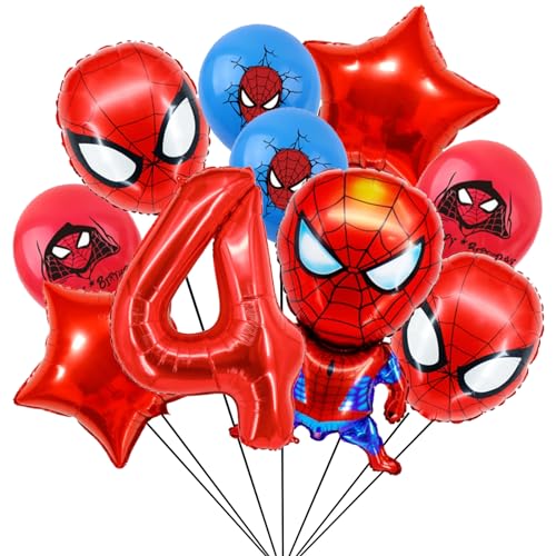 Geburtstagsdeko 4 Jahre Junge, Spiderm Luftballons und Ballon Geburtstag Deko Themenparty Junge, Rot Nummer 4 Ballons Kindergeburtstag Deko Latexballon und Folienballons für Happy Birthday Banner von yumcute