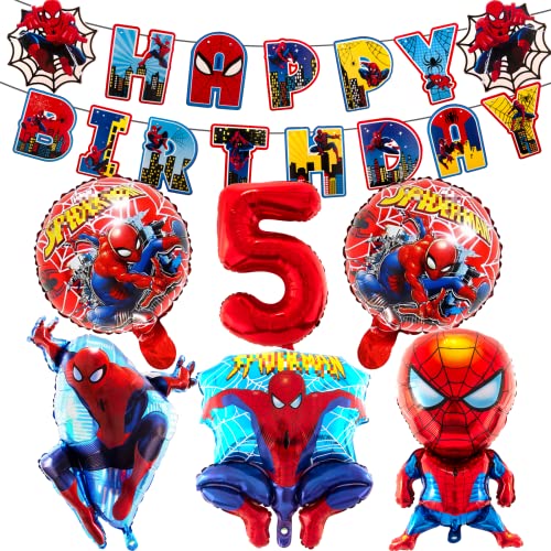Geburtstagsdeko 5 Jahre, Spider Luftballons Jungen-Ballon Geburtstag Deko Themenparty Junge-Happy Birthday Banner, Rrunde Charakter Nummer 5 Kindergeburtstag Deko und Folienballon für Jungen von yumcute
