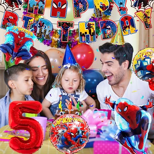 Geburtstagsdeko 5 Jahre, Spider Luftballons Jungen-Ballon Geburtstag Deko Themenparty Junge-Happy Birthday Banner, Rrunde Charakter Nummer 5 Kindergeburtstag Deko und Folienballon für Jungen von yumcute