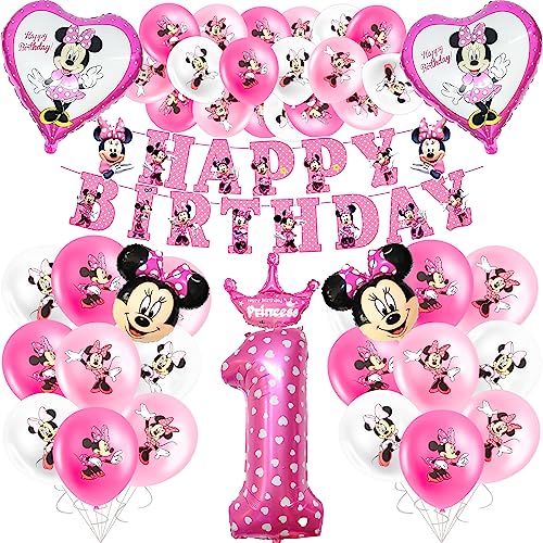 Minnie Geburtstagsdeko, 25 Stück Luftballons Geburtstag mit Happy Birthday Banner, Deko 1. Geburtstag Party Deko Mädchen Kindergeburtstag Deko von yumcute