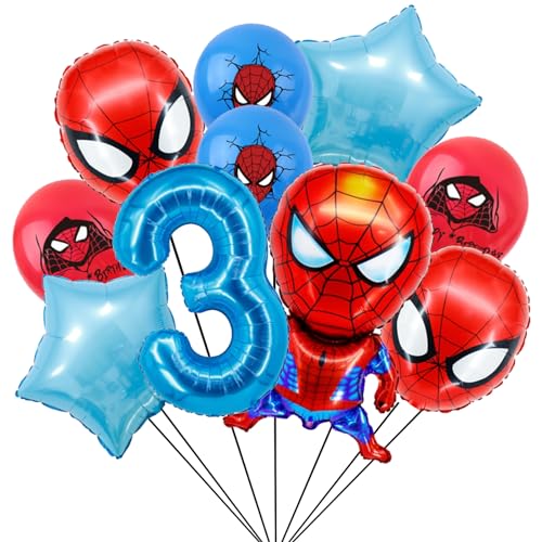 Geburtstagsdeko 3 Jahre Junge, Spiderm Luftballons und Ballon Geburtstag Deko Themenparty Junge, Blau Nummer 3 Ballons Kindergeburtstag Deko Latexballon und Folienballons für Happy Birthday Banner von yumcute