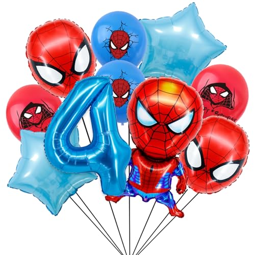Geburtstagsdeko 4 Jahre Junge, Spider Luftballons und Ballon Geburtstag Deko Themenparty Junge, Blau Nummer 4 Ballons Kindergeburtstag Deko Latexballon und Folienballons für Happy Birthday Banner von yumcute