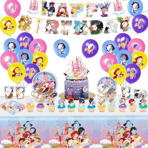 Princess Partygeschirr Set, 93 Stück Prinzessin Geburtstag Deko, Prinzessin Pappteller Kindergeburtstag Luftballons Pappteller Tassen Servietten Tischdecke für Party 10 Gäste von yumcute
