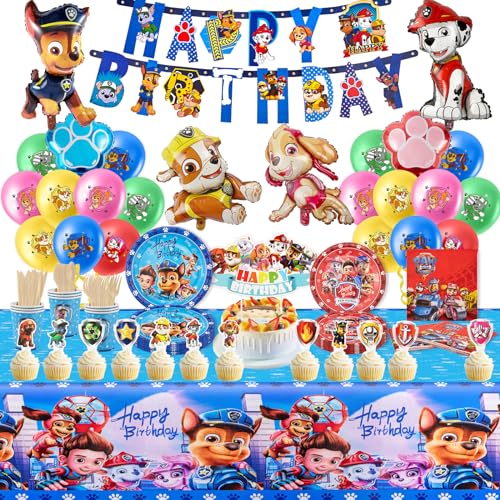 Yumcute WWD 133PCS Paw Dog Geburtstag Deko Set - Pappteller, Becher, Servietten, Tischdecke - Partygeschirr für Kindergeburtstag - 20 Personen von yumcute