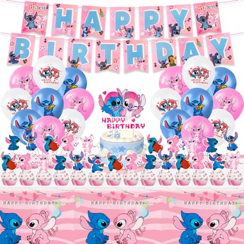 pink 48PCS Stitch Geburtstagsdeko, Lilo und Stitch Geburtstag Deko, Kindergeburtstag Luftballons, Sti tch Deko Geburtstag Balloons Tischdecke, für Kindergeburtstag Party Deko von yumcute