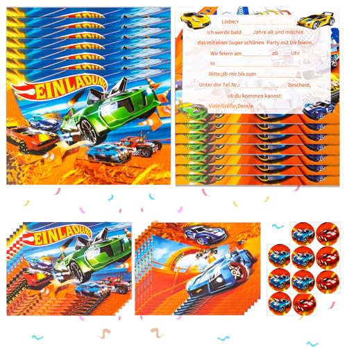 yumcute 12x Einladungskarten Auto Kindergeburtstag mit Umschlag,Car Aufklebern Geburtstagsparty Einladungen, Rennwagen Themed Truck Party Einladung kindergeburtstag Jungs Mädchen von yumcute