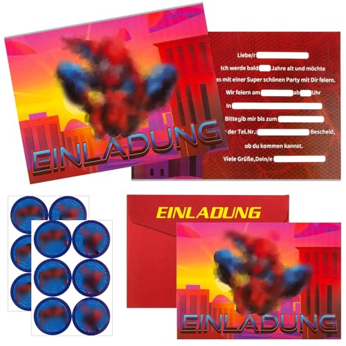 yumcute 12x Einladungskarten Kindergeburtstag Spider mit Umschlag, Aufklebern Geburtstagsparty Einladungen,Superhelden Einladungen kindergeburtstag Jungs Mädchen von yumcute