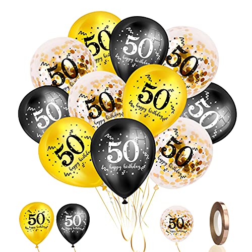 yumcute 50. Geburtstags Luftballons 30 Stück, 50. Geburtstag Deko Männer Frauen, Schwarz Gold Geburtstags Luftballons, Gold Konfetti Luftballons, 50. Geburtstag Party Dekorationen (12inch) von yumcute
