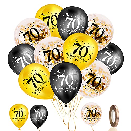 yumcute 70. Geburtstags Luftballons 30 Stück, 70. Geburtstag Deko Männer Frauen, Schwarz Gold Geburtstags Luftballons, Gold Konfetti Luftballons, 70. Geburtstag Party Dekorationen (12inch) von yumcute