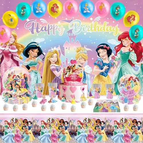 yumcute 97 Stück Princess Partygeschirr Set Rosa Geburtstagsdeko Teller Tassen, Mädchen Princess Party Supplies mit Luftballons Tischdecke Tortendeko Servietten Deko Set für 10 Personen von yumcute