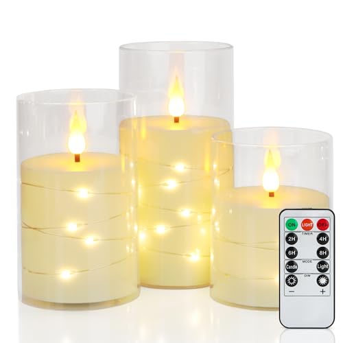yunsheng Flammenlose LED-Kerzen mit Fernbedienung und Timer, Batteriebetriebene Flackernde Kerze mit Eingebetteten Lichterketten und Acrylhülle, 3er Set (3 x 4/5/6 Zoll) von yunsheng