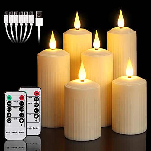 yunsheng Wiederaufladbare LED Kerzen mit 10-Tasten Fernbedienung, Outdoor Wasserdichte Flammenlose Kerzen mit 6/8H Timer, Römische Stumpenkerze im 6er Set (5.1x10.5/14/16.5cm), Elfenbein, Type-C von yunsheng