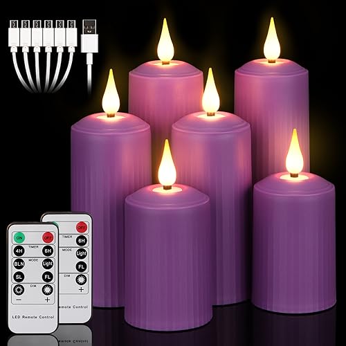yunsheng Wiederaufladbare LED Kerzen mit 10-Tasten Fernbedienung, Outdoor Wasserdichte Flammenlose Kerzen mit 6/8H Timer, Römische Stumpenkerze im 6er Set (5.1x10.5/14/16.5cm), Lila, Type-C von yunsheng