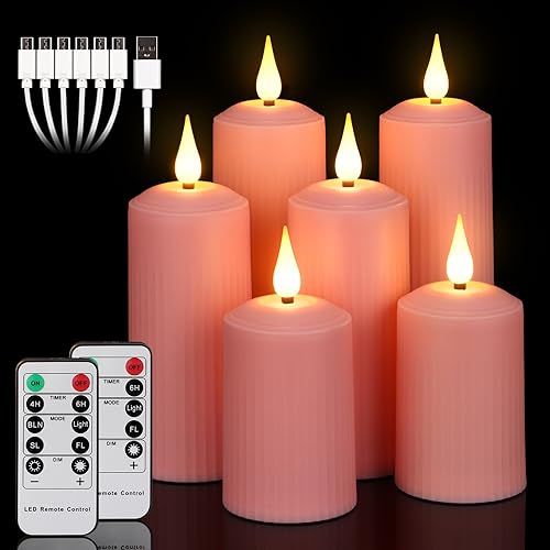 yunsheng Wiederaufladbare LED Kerzen mit 10-Tasten Fernbedienung, Outdoor Wasserdichte Flammenlose Kerzen mit 6/8H Timer, Römische Stumpenkerze im 6er Set (5.1x10.5/14/16.5cm), Rosa, Type-C von yunsheng